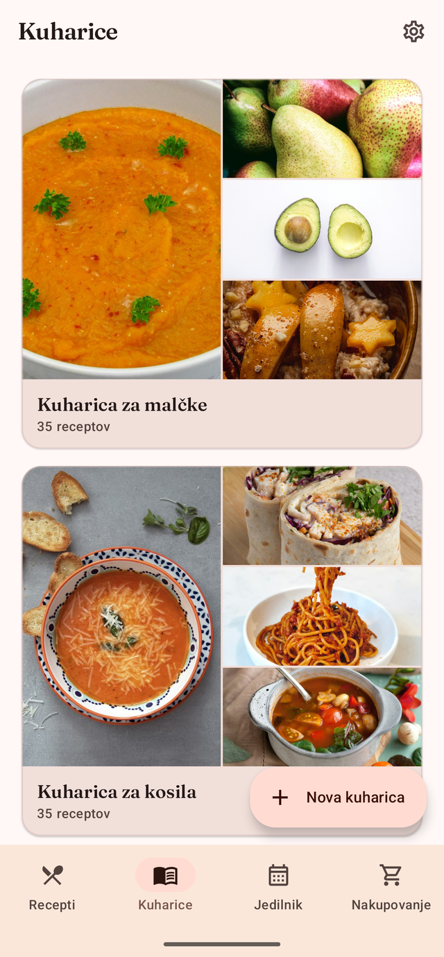 Kuharice, urejene v zbirke, z naslovnicami iz fotografij receptov