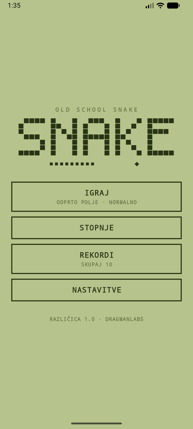 Glavni meni igre Old School Snake v retro LCD slogu