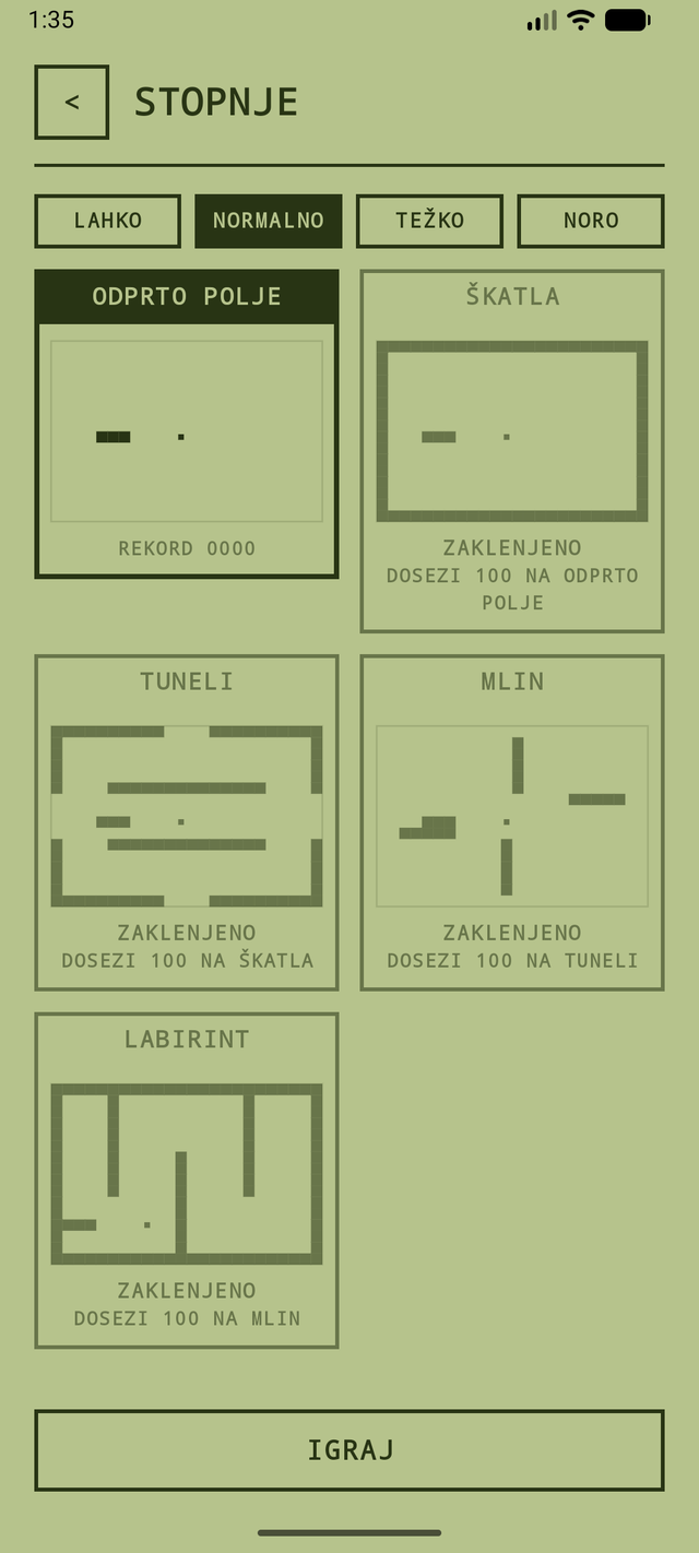 Izbira stopnje v igri Old School Snake