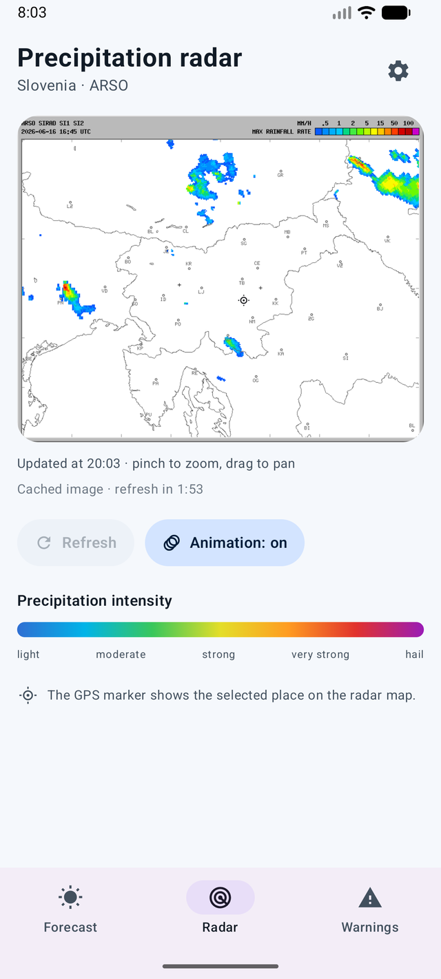 Animiran radar padavin za Slovenijo v aplikaciji Podnebnik