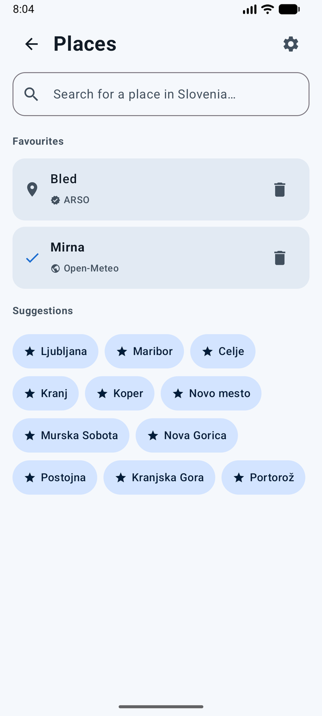 Iskanje krajev in priljubljeni kraji v aplikaciji Podnebnik