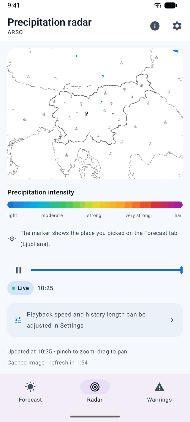 Podnebnik precipitation radar for Slovenia with a play/pause history timeline