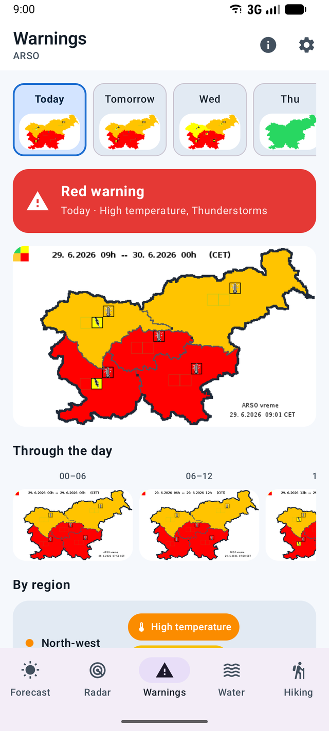 Podnebnik ARSO weather warnings with river levels