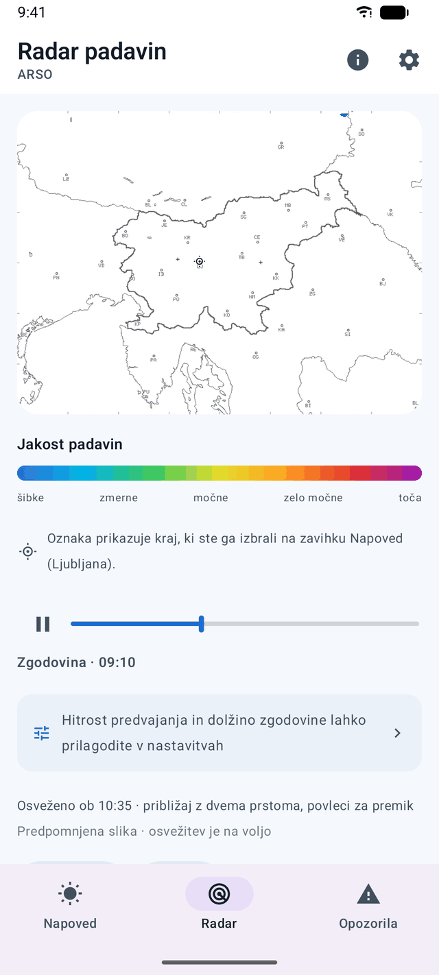 Radar padavin za Slovenijo s časovnico zgodovine in predvajanjem v aplikaciji Podnebnik