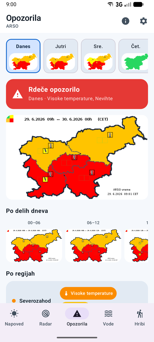 Vremenska opozorila ARSO in vodostaji rek v aplikaciji Podnebnik