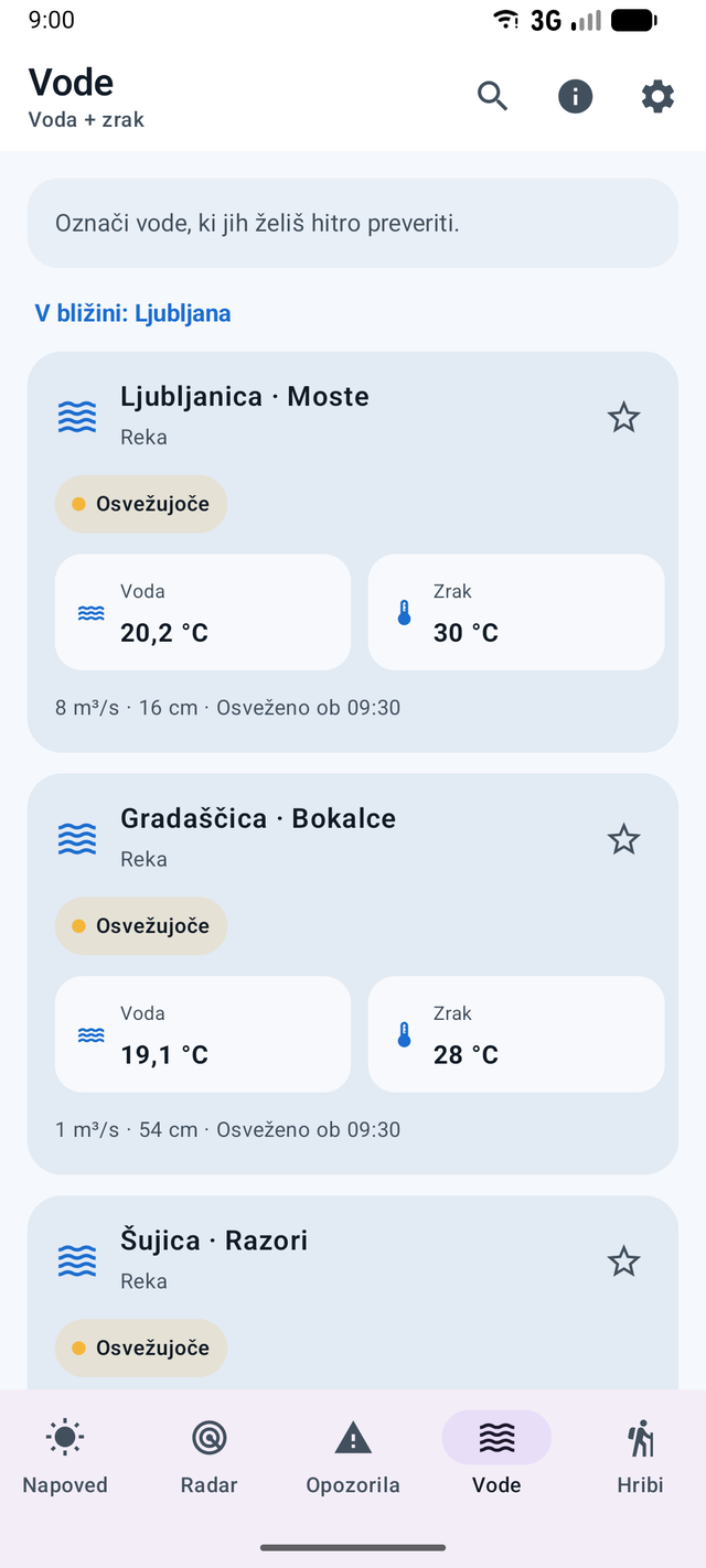 Temperature morja, rek in jezer v aplikaciji Podnebnik