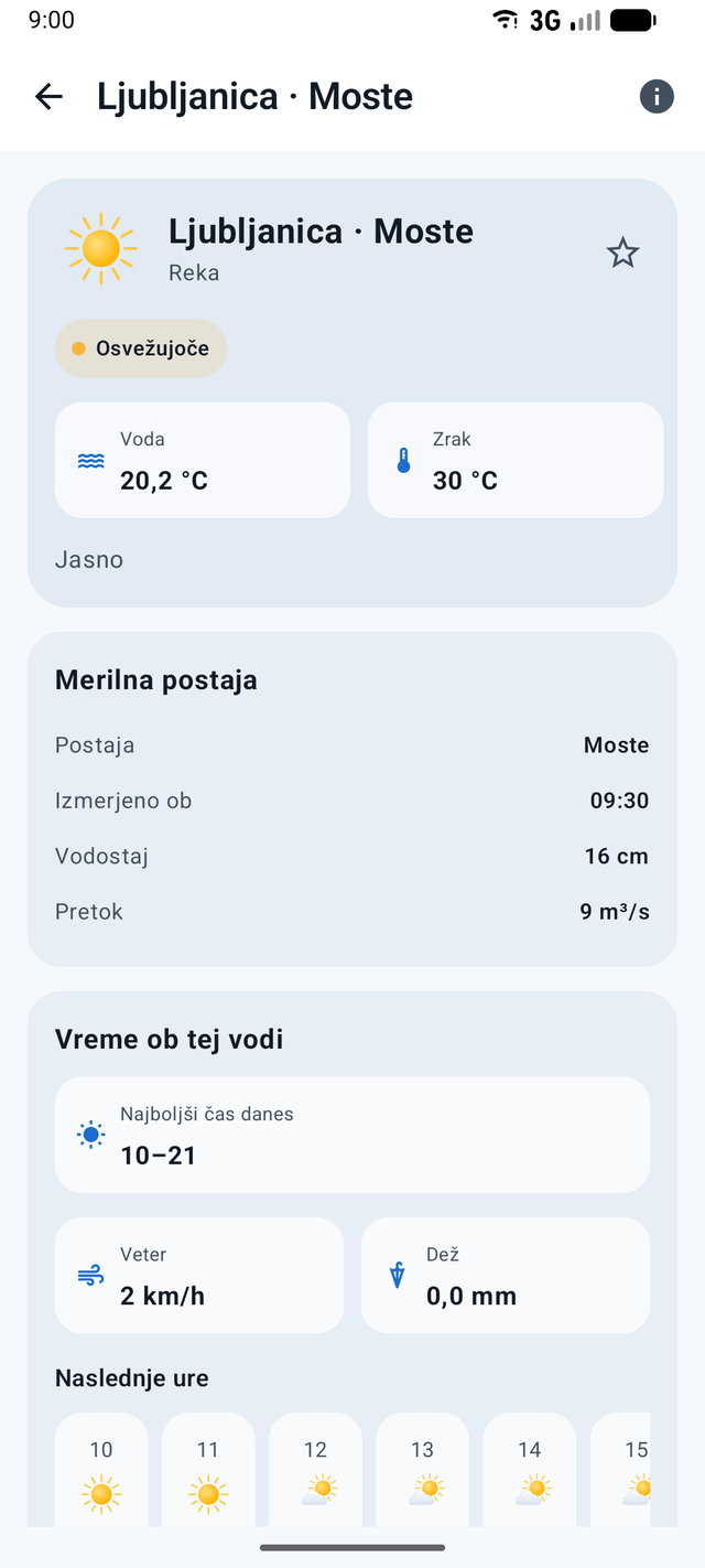 Podrobnosti kopališča s temperaturo vode v aplikaciji Podnebnik