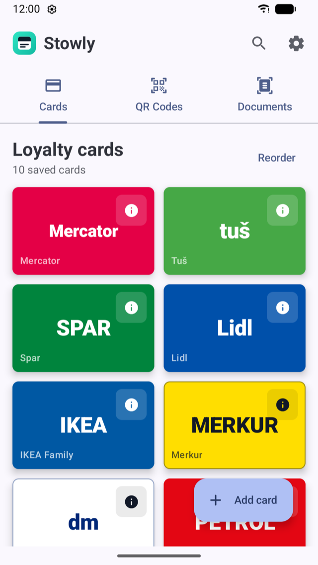 Stowly wallet screen with loyalty cards